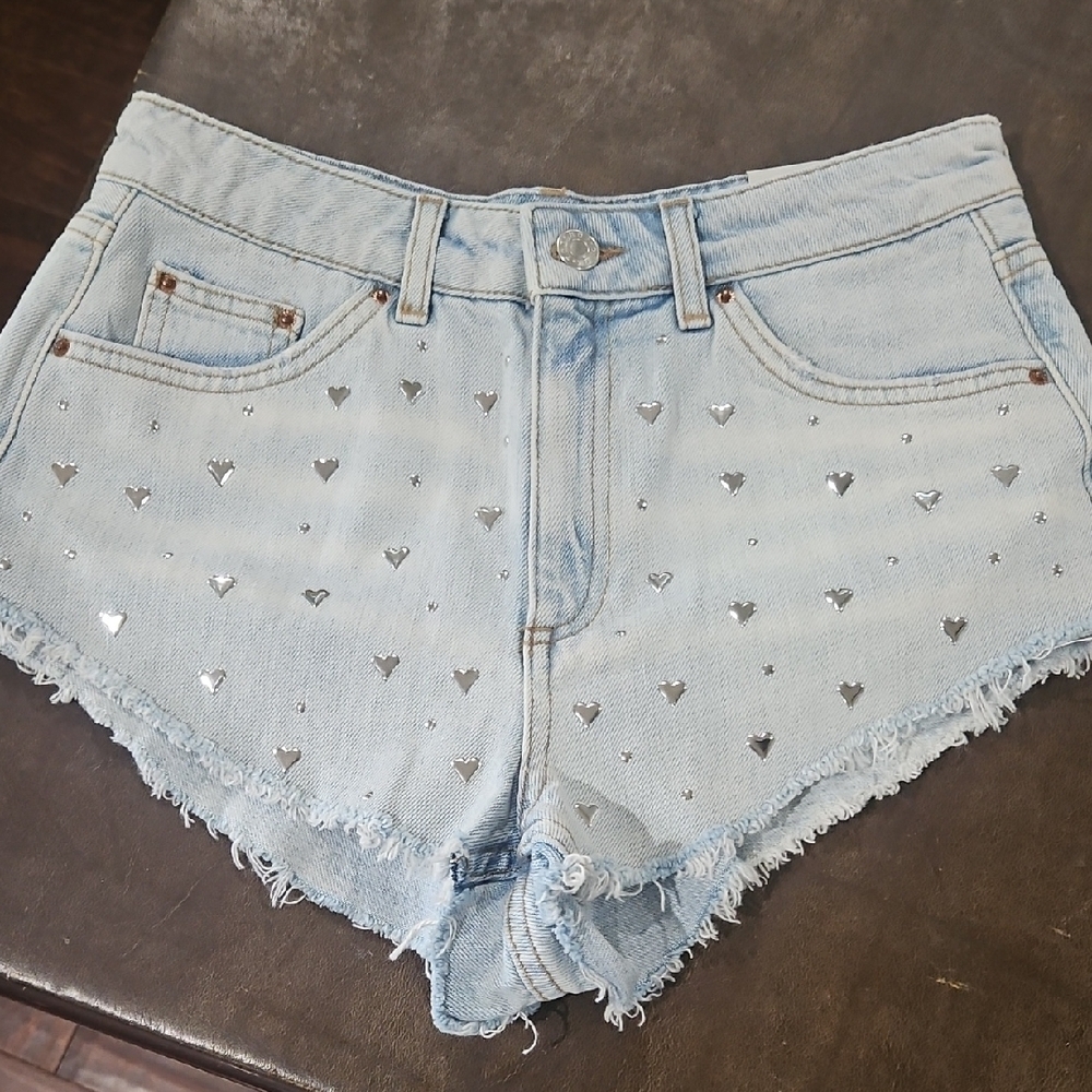 Topshop Blue and Silver Jean Shorts with Studded Heart Embellishments
